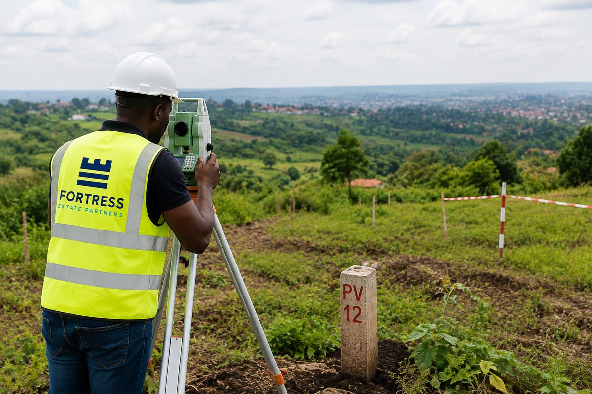 Fortress Estate Partners surveyor confirming plot boundaries in Wakiso, Uganda