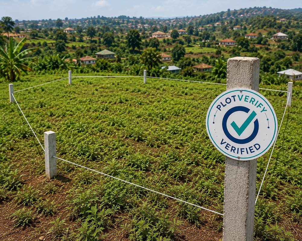 A demarcated plot in Uganda with boundary beacons and a PlotVerify Verified marker